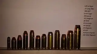 From left to right: .22 Long Rifle, .380 ACP, 9mm Luger, .38 Special, .357 Magnum, .40 S&W, 10mm Auto, .44 Special, .44 Magnum, .45 ACP, .50 Action Express, .500 S&W Magnum