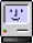 A small, rectangular icon depicting a gray computer emblazoned with a colourful apple logo, and a floppy-disk slot. On its small square screen is a smiley-face emoticon against a lilac background. The icon indicates that the machine has successfully begun booting, in contrast to a "Sad Mac" icon, which displays a "sad" emoticon.