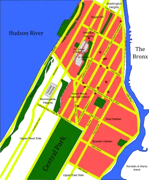 A map of Upper Manhattan with pink sections for Harlem