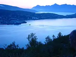 Northern part of Harstad at night, early August. View towards north-west from Gangsåstoppen