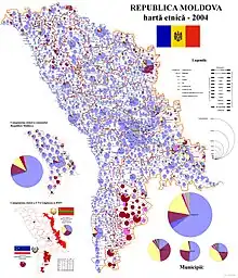 Ethnic composition of the Republic of Moldova according to the 2004 census; self-reported Moldovans in blue/purple