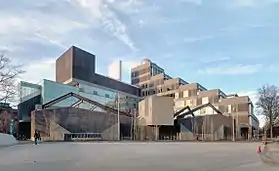 A color photograph of the Harvard Science Center, a modernist building used as a classroom and laboratory building at Harvard University