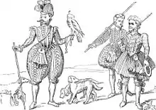 Three sixteenth-century men dressed in period attire. One man holds a hooded hawk, and four dogs accompany them.