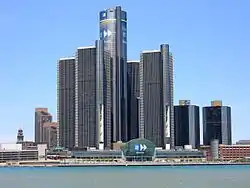 Image 33Michigan is the center of the American automotive industry. The Renaissance Center in Downtown Detroit is the world headquarters of General Motors. (from Michigan)