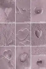 "Heart-shaped" features on Mars (MGS, MOC; February 14, 2004).