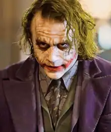 Close-up of Heath Ledger as the Joker in The Dark Knight.