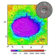 Hellas Basin Area topography. Crater depth is 7152 m (23,000 ft) below the standard topographic datum of Mars.