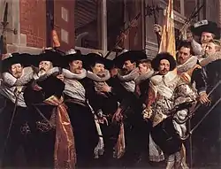 The Officers of the St Adrian Militia Company in 1630 by Hendrik Gerritsz Pot on what is now library steps. Through the window one sees the study hall ceiling.