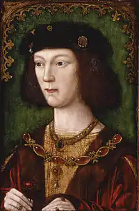 portrait of Henry VIII as prince facing left wearing two jeweled collars and holding a red rose in his right hand