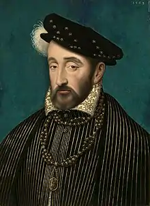 Portrait of Henry II, a king of France, with a dark green background