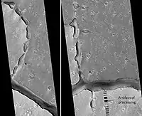 Two views of the Hephaestus Fossae, as seen by HiRISE (picture on right lies to the top (north) of other picture). Fossae often form by material moving into an underground void.