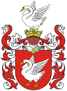 The Coat of arms of Oszyk is considered a variation of the Coat of arms of Łabędź