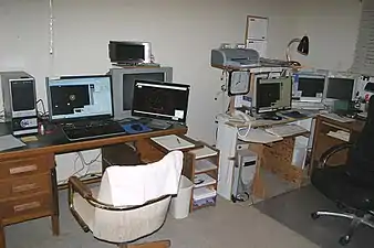 HAO control room − the Celestron-11 telescope is managed by a dedicated computer on the left; the Meade-14 by one on the right.