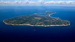 Block Island looking north over Block Island Sound. The coast of Rhode Island is seen in the distance.