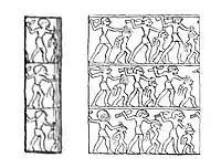 Nekhen ivory cylinder seal with impression of king smiting a captive (drawing)