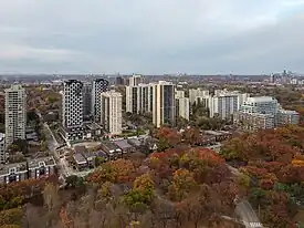 Aerial view of apartments in High Park North from Bloor Street