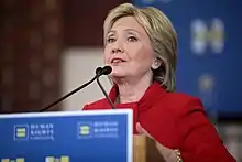 Hillary Clinton speaking at a rally in Des Moines in January 2016