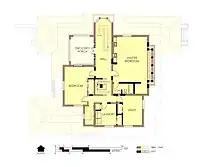 Hills House Second Floor Plan 1977.  Walls, doors, and windows which were not built in the same location as before the fire are marked in bold.