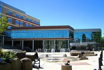 Hillsboro's city hall is located in the six story glass and brick Civic Center. The building has two parts, with a shorter two story portion intended to house retail. The two parts form an L shape with a plaza containing a fountain inside the L.