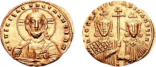 Obverse and reverse of a gold coin, showing a bust of Christ Pantocrator and two crowned rulers jointly holding a cross