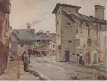 Painting representing the interior of the village of Samoëns. It represents the bend in a road, the grey houses surrounding it and some silhouettes of inhabitants in front of them.