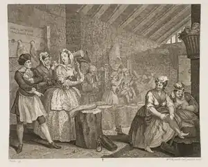 From A Harlot's Progress, 1732. The background prisoners include a pregnant black woman, perhaps a prostitute.