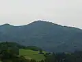 The Hohe Möhr seen from the Zeller Blauen. The transmitter may be seen to the right of the summit and the observation tower to the left