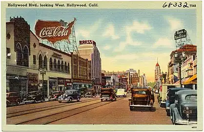 Vintage post card of Hollywood Boulevard.