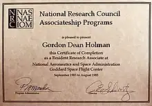 Certification of NAS/NRC Research Associate position at NASA GSFC