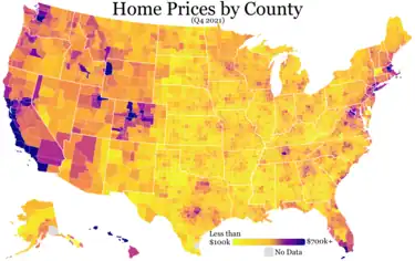 Home prices by county (2021):   <$100,000;   $200,000;   $300,000;   $400,000;   $500,000;   $600,000;   $700,000+.