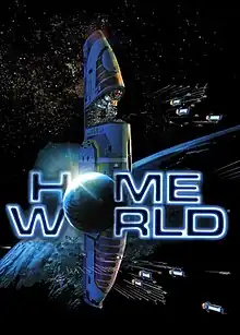 Box artwork featuring the mothership with other ships and a planet behind it, and "Home World: 3D Real-Time Strategy" overlaid