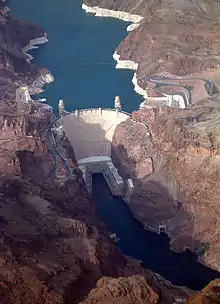 Image 20The Hoover Dam in the United States is a large conventional dammed-hydro facility, with an installed capacity of 2,080 MW. (from Hydroelectricity)