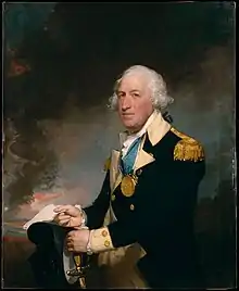 A three-quarters length oil portrait of Gates against a neutral dark background. He is wearing a general's uniform, blue jacket with gold facing and gold epaulets. He is holding a sword in one hand and a paper in the other. His hair is white and has been tied back.