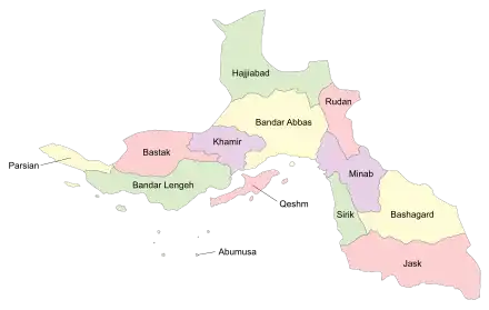 Location of Abumusa County in Hormozgan province (bottom left, pink)