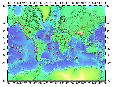 Image 8Distribution of selected hotspots. The numbers in the figure are related to the listed hotspots on Hotspot (geology). (from Timeline of volcanism on Earth)