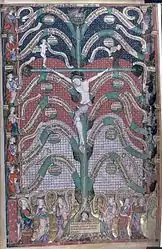 Crucifixion / Tree of life scene with saints bordering (folio 13r)Based upon Bonaventure's Lignum Vitae