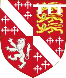 Arms of John Howard, 1st Howard Duke of Norfolk, showing the unaugmented Howard Arms (I & IV), quartering the arms of Thomas of Brotherton (II) and the arms of Mowbray (III): Gules, a lion rampant argent.