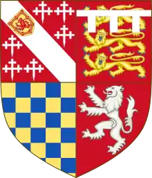 Coat of arms of the Howard Dukes of Norfolk, starting with Thomas Howard, 2nd Duke of Norfolk.Quarterly of 4: 1: Howard, with augmentation of honour; 2: Plantagenet, arms of Thomas of Brotherton, 1st Earl of Norfolk; 3: Chequy or and azure (de Warenne, Earl of Surrey); 4: Mowbray