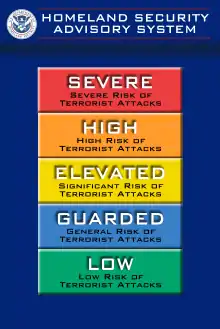 Red is the color of a severe terrorist threat level in the United States, under the Homeland Security Advisory System.