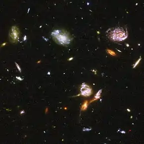 A black background with luminous shapes of various sizes scattered randomly about. They typically have white, red or blue hues. (from Outer space)