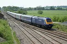 Photograph of an HST in First Great Western livery. A train of this type passed through the junction a minute before the charter train came to rest across the junction