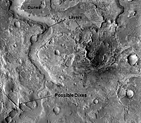 Straight ridges may be dikes in which liquid rock once flowed.  The image is of Huo Hsing Vallis in Syrtis Major, as seen by THEMIS.