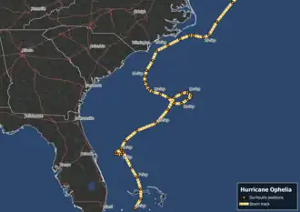 A map of the southeastern United States and far western Atlantic Ocean depicting the looping path of Hurricane Ophelia.