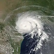 View of the storm from Space on July 15, 2003. The roughly circular storm is about to make landfall in Texas. Mexico and Louisiana are seen to the south and north, respectively.