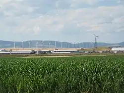 Hutterite colony in Martinsdale with an array of reconditioned Nordtank wind turbines