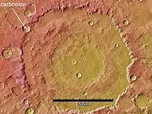 Huygens Crater with circle showing place where carbonate was discovered. This deposit may represent a time when Mars had abundant liquid water on its surface. Scale bar is 259 km long.