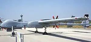 An IAI Heron TP Eitan UAV at an exhibition 2017