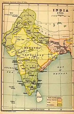 Map of India in 1765, before the fall of Nawabs and Princely states nominally allied to the emperor (mainly in Green).