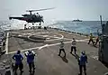 An Alouette III helicopter from Squadron 333, the Seagulls, assigned Aslat lifts off from the USS Mitscher in 2014.