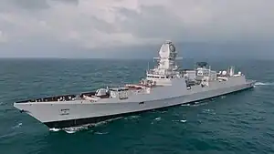 Imphal, the third ship of the class, on sea trials.